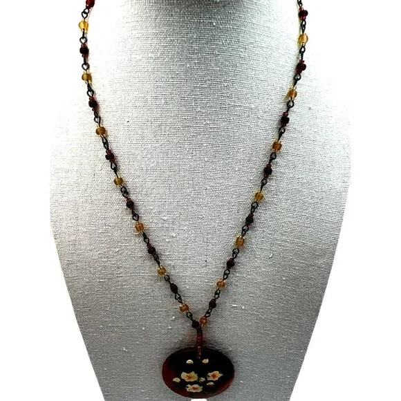 Vintage Hand-Painted Floral Pendant Necklace With Beaded Chain.  B44 - Picture 4 of 13